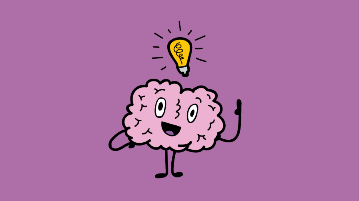 Brain with one hand on "hip" and one point up in the air has a glowing lightbulb above it. Against a mid purple background.