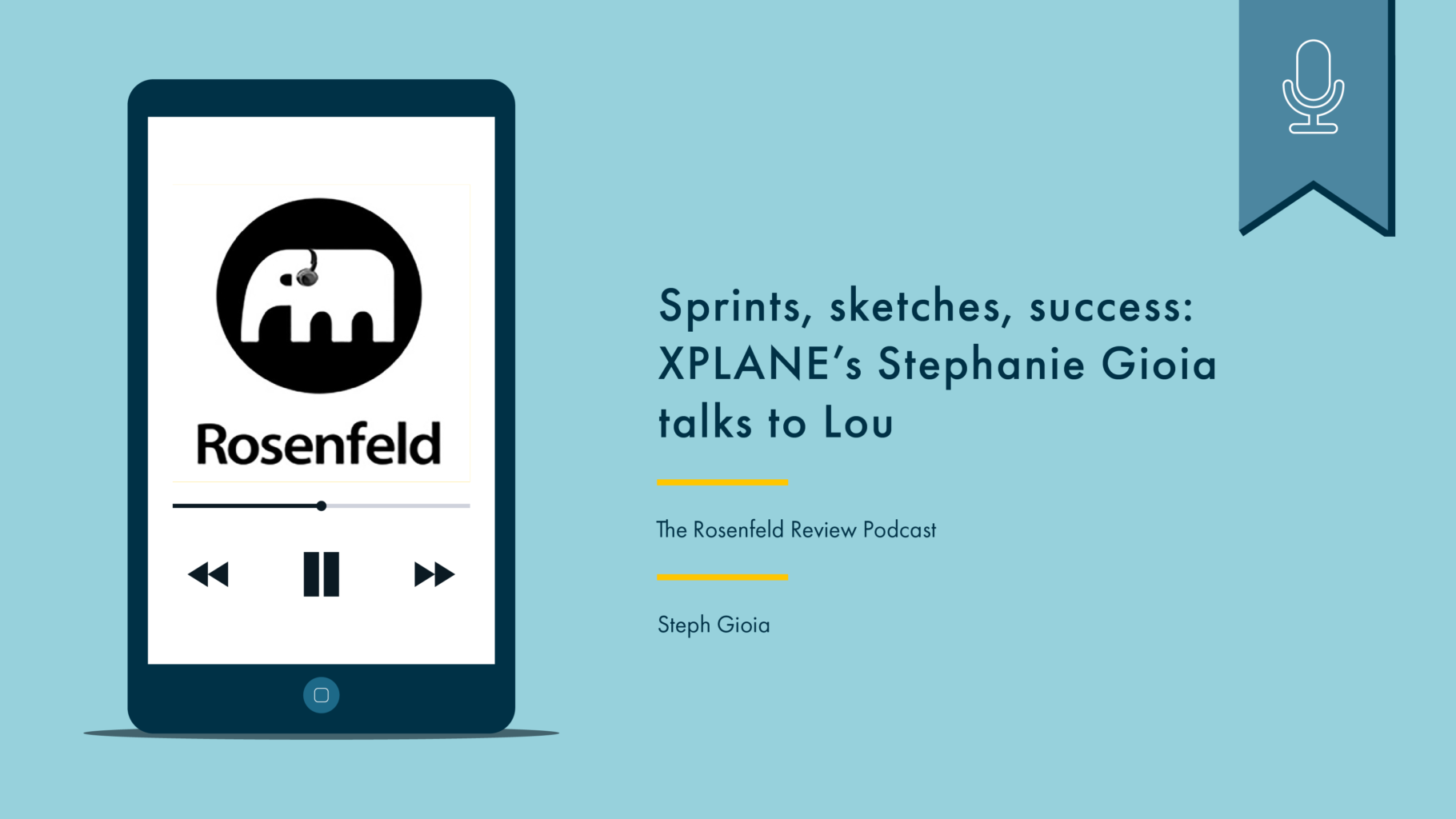 Phone with podcast artwork on the left. On the right reads “Sprints, sketches, success: XPLANE’s Stephanie Gioia talks to Lou, The Rosenfeld Review Podcast, Steph Gioia.” Above is a blue flag with a white icon denoting that this is a podcast.