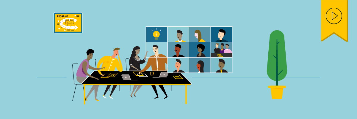 Header image of several figures sitting around a conference table, and some in a Zoom call to show hybrid workplaces post-COVID. Text above reads “Grow a Thriving Workplace Culture, Virtually”. Above is a yellow tag with a black play button icon denoting that this webinar has a recording available.