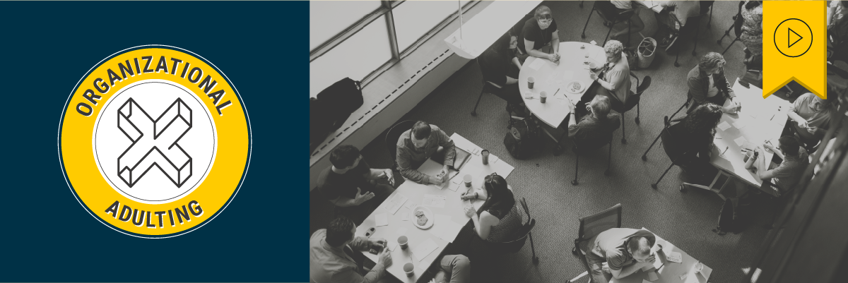 Header image of a black and white photo showing a workshop from above as they work. A circular yellow badge sits to the left reading "Organizational Adulting" with an inner white circle with the XPLANE logo. Above is a yellow flag with a black icon denoting that this webinar has a recording available.