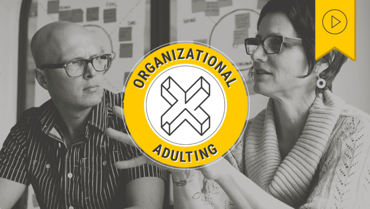 Header image featuring a photo of two people having a discussion in front of a wall of sticky notes. A circular yellow badge sits at the center reading “Organizational Adulting” with an inner white circle with the XPLANE logo. Above is a yellow tag with a black play button icon denoting that this webinar has a recording available.