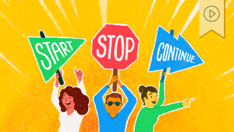 Header image of three figures holding signs that say start, stop, continue. Above is a yellow tag with a black play button icon denoting that this webinar has a recording available.