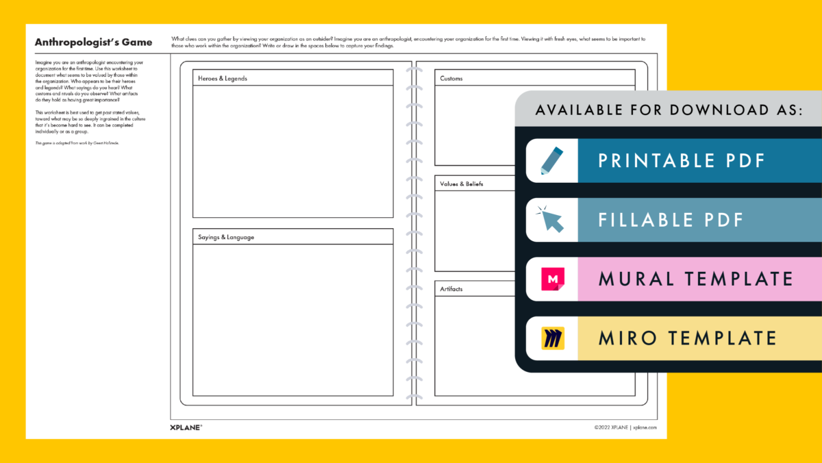 Anthropologist's Game worksheet against a yellow background. Four tabs under the header "AVAILABLE FOR DOWNLOAD AS" indicate available file types available.