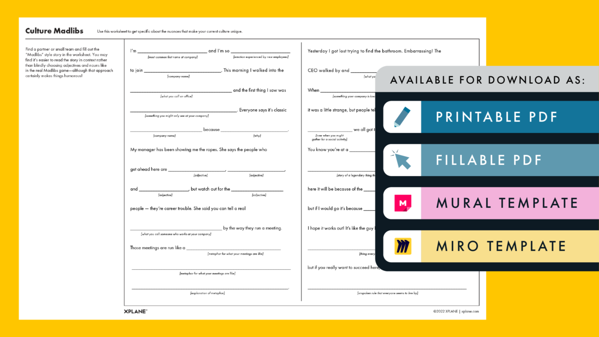 Culture Madlibs worksheet against a yellow background. Four tabs under the header "AVAILABLE FOR DOWNLOAD AS" indicate available file types available.