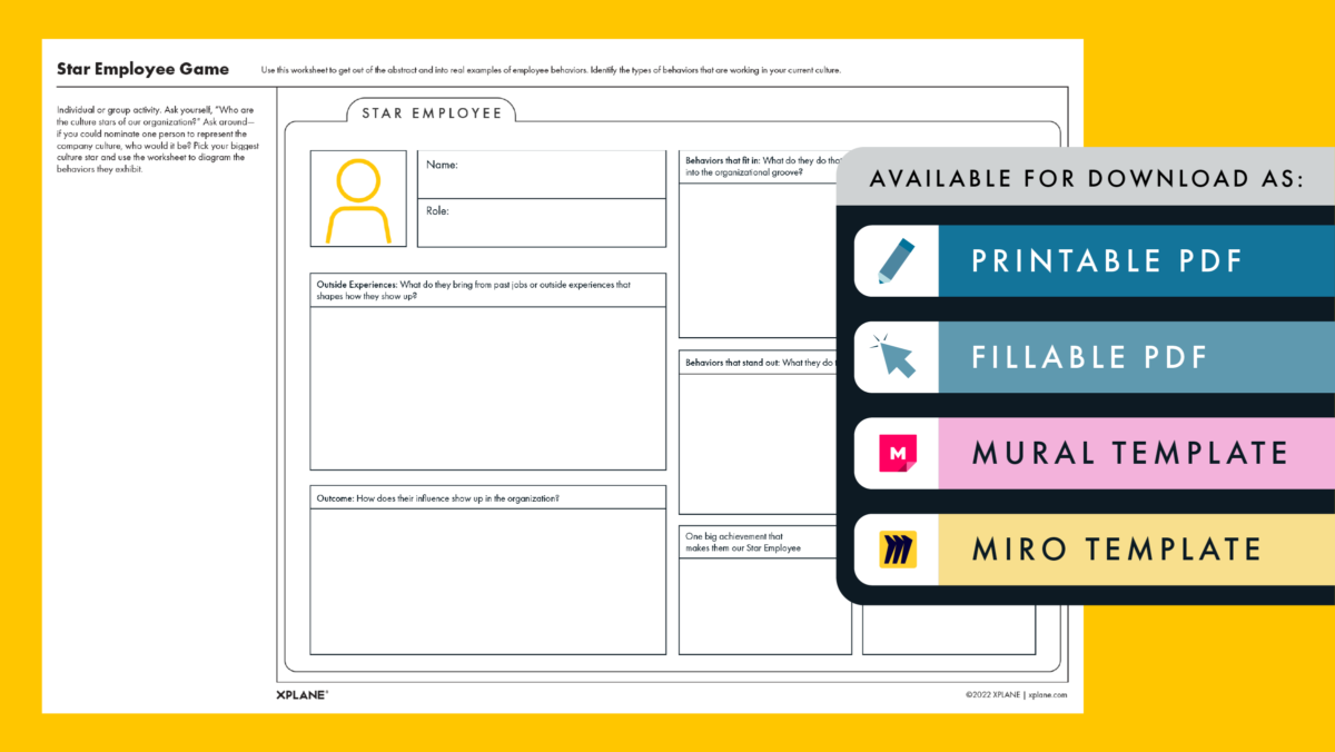 Star Employee Game worksheet against a yellow background. Four tabs under the header "AVAILABLE FOR DOWNLOAD AS" indicate available file types available.