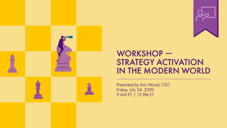 Header image of a cropped chess board with a figure sitting atop a purple knight holding a telescope. Text to the right reads “Workshop — Strategy Activation in the Modern World. Presented by Aric Wood, CEO Friday, July 24, 2020, 9am PT/12pm ET”. Above is a purple tag with a white icon of a figure pointing at a board, denoting that this webinar has no recording available.