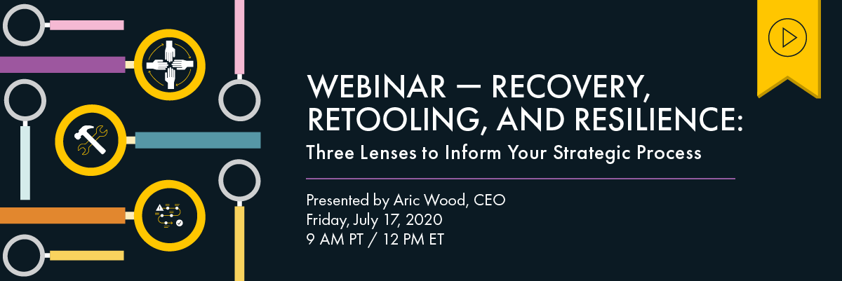 Header image of many magnifying glasses. One with four hands working together, another with tools, another with an activation plan illustration. Text to the right reads “Webinar — Recovery, Retooling, and Resilience: Three Lenses to Inform Your Strategic Planning Process. Presented by Aric Wood, CEO, Friday, July 17, 2020, 9am PT/12pm ET”. Above is a yellow tag with a black play button icon denoting that this webinar has a recording available.