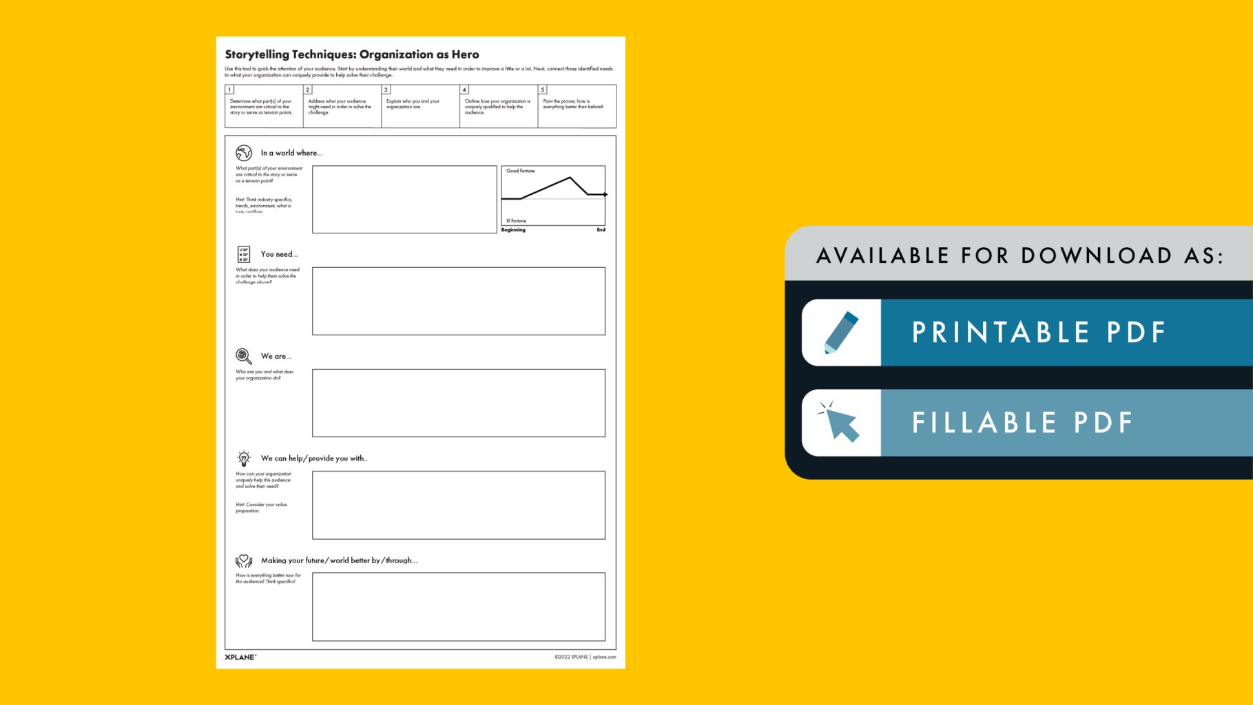 Organization as Hero worksheet against a yellow background. Two tabs under the header "AVAILABLE FOR DOWNLOAD AS" indicate available file types available.
