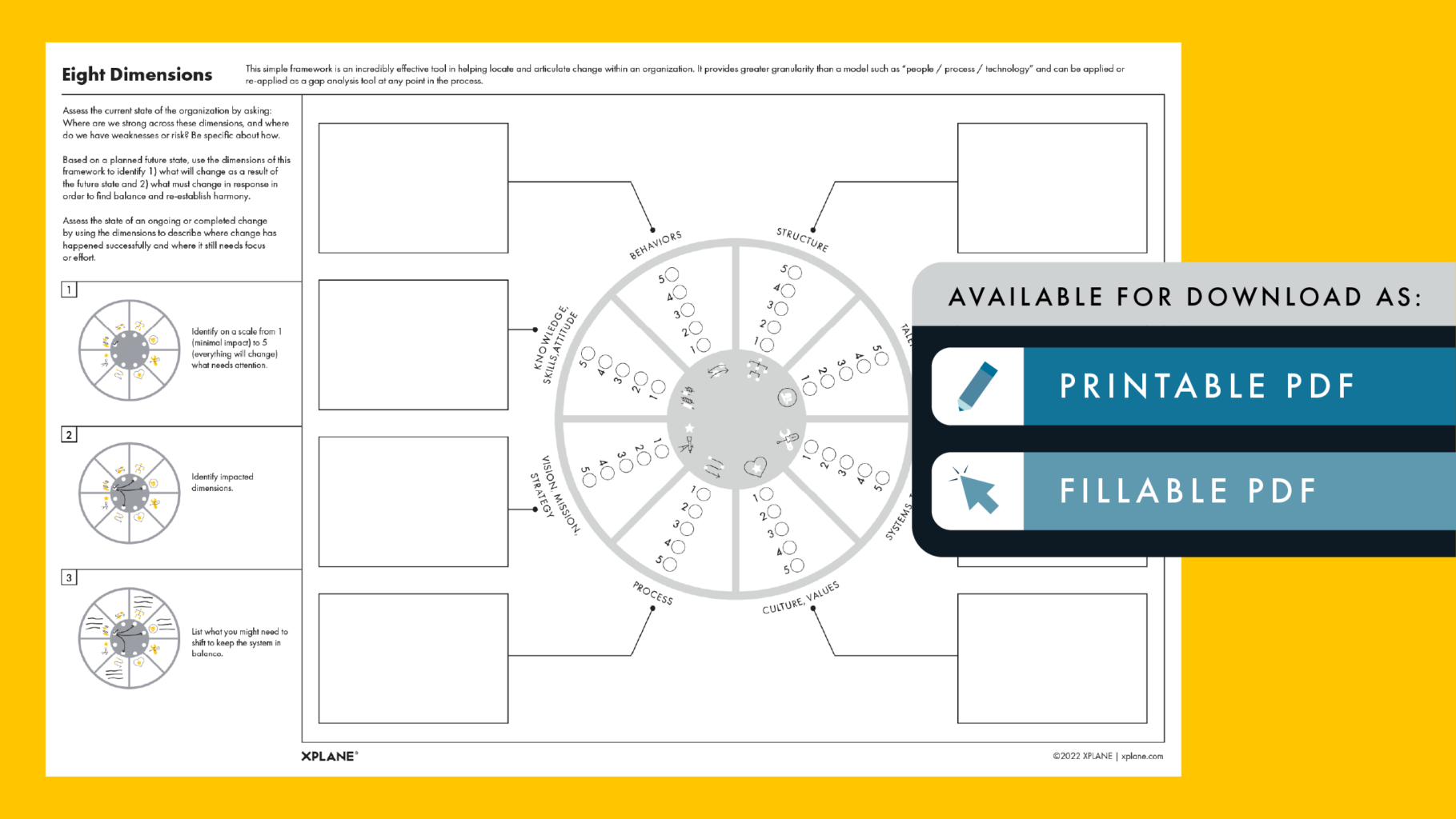 Eight Dimensions worksheet against a yellow background. Two tabs under the header "AVAILABLE FOR DOWNLOAD AS" indicate available file types available.