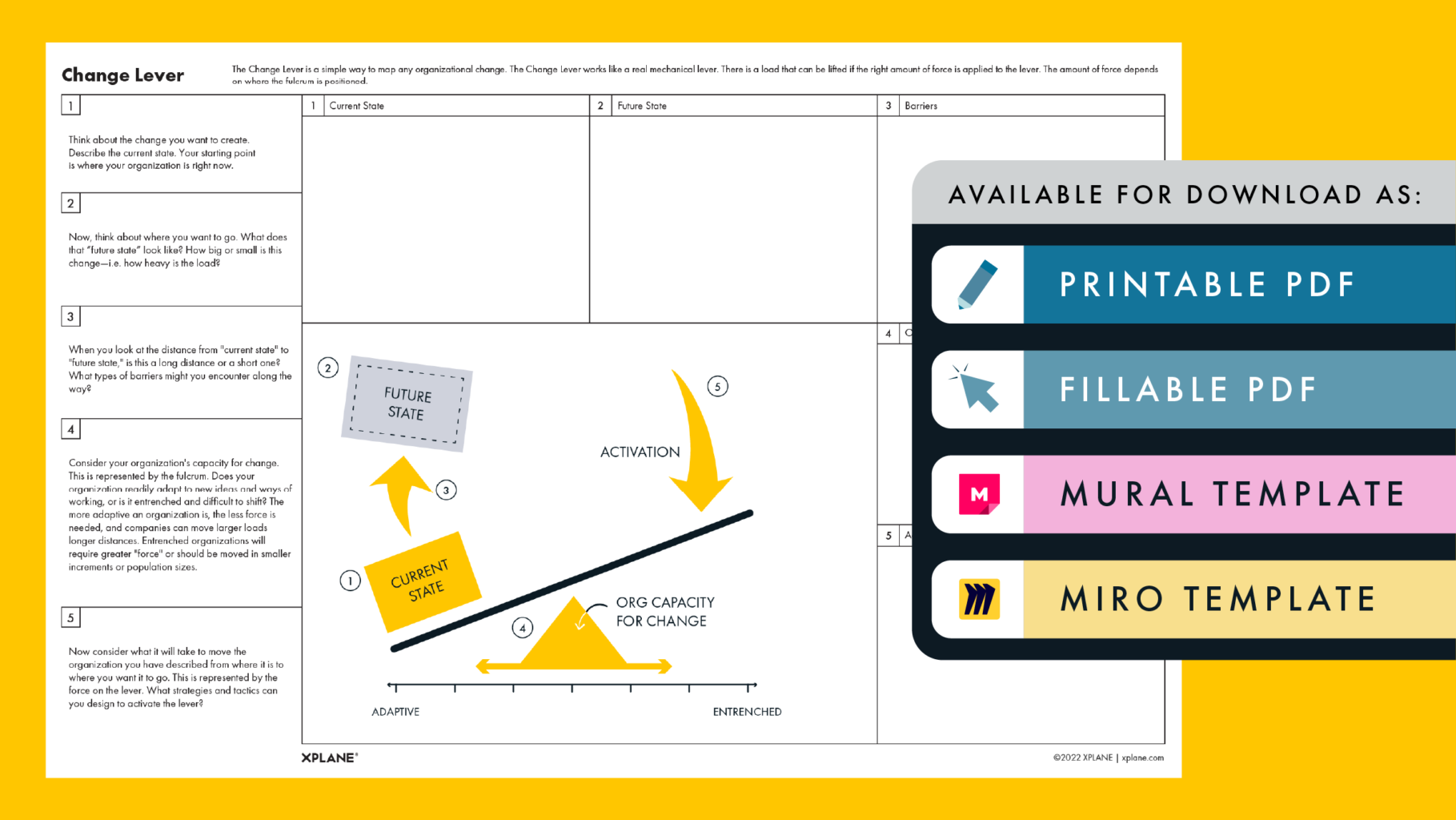 Change Lever worksheet against a yellow background. Four tabs under the header "AVAILABLE FOR DOWNLOAD AS" indicate available file types available.