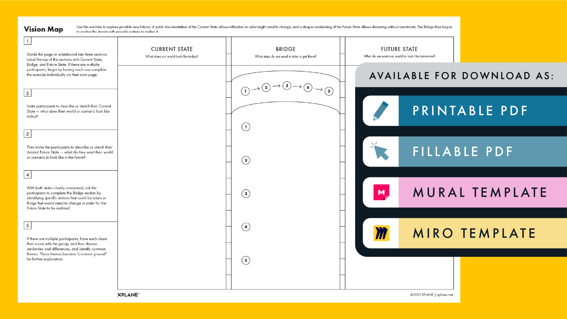 Vision Map worksheet against a yellow background. Four tabs under the header "AVAILABLE FOR DOWNLOAD AS" indicate available file types available.