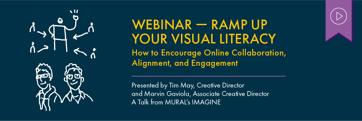 Header image of white sketches of Tim May and Marvin Gaviola under a sketch of several icons of people with arrows pointing toward a central figure holding their hand up. Text to the right reads “Ramp Up Your Visual Literacy: How to Encourage Online Collaboration, Alignment, and Engagement. With Tim May, Creative Director, and Marvin Gaviola, Associate Creative Director. A talk from MURAL’s IMAGINE”. Above is a purple tag with a white play button icon denoting that this webinar has a recording available.