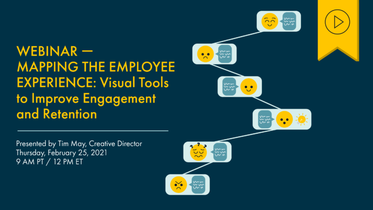 Header image of a variety of emojis (angry, confused, inspired, happy, sad, elated) all with speech bubbles next to them. Each emoji sits at a different spot to show how emotions may be ranked. Text to the left reads “Webinar — Mapping the Employee Experience. Visual Tools to Improve Engagement and Retention. Thursday, February 25, 2021, 9am PT/12pm ET”. Above is a yellow tag with a black play button icon denoting that this webinar has a recording available.