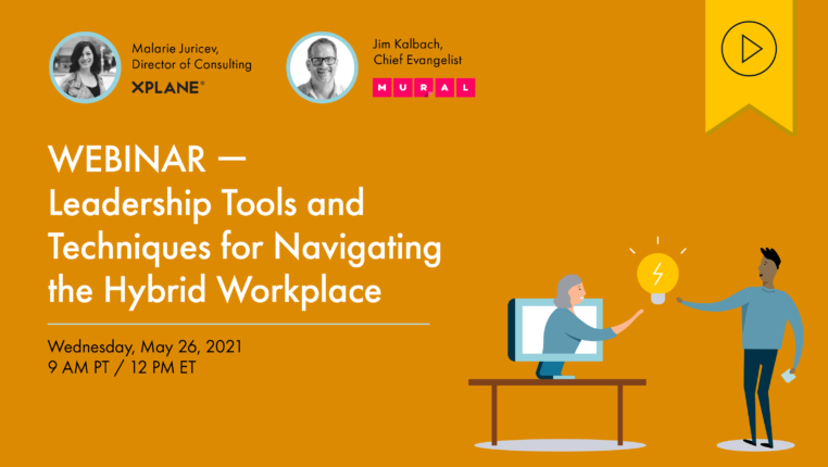 Header image of a person popping out of a desktop computer, and another standing with a sticky note. Both point at a light bulb between them. Text to the left reads “Webinar — Leadership Tools and Techniques for Navigating the Hybrid Workplace. Wednesday, May 26, 2021, 9am PT/12pm ET”. Above is a yellow tag with a black play button icon denoting that this webinar has a recording available.