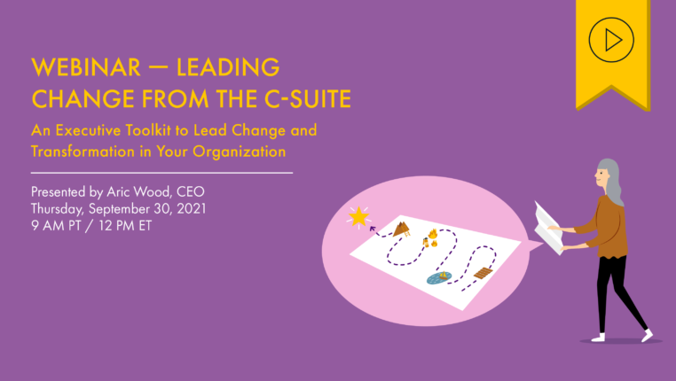 Header image of a person holding a map. A speech bubble in front of the map shows the journey. Text to the left reads “Webinar — Leading Change from the C-Suite: An Executive Toolkit to Lead Change and Transformation in Your Organization. Presented by Aric Wood, CEO. Thursday, September 30, 2021, 9am PT/12pm ET”. Above is a yellow tag with a black play button icon denoting that this webinar has a recording available.