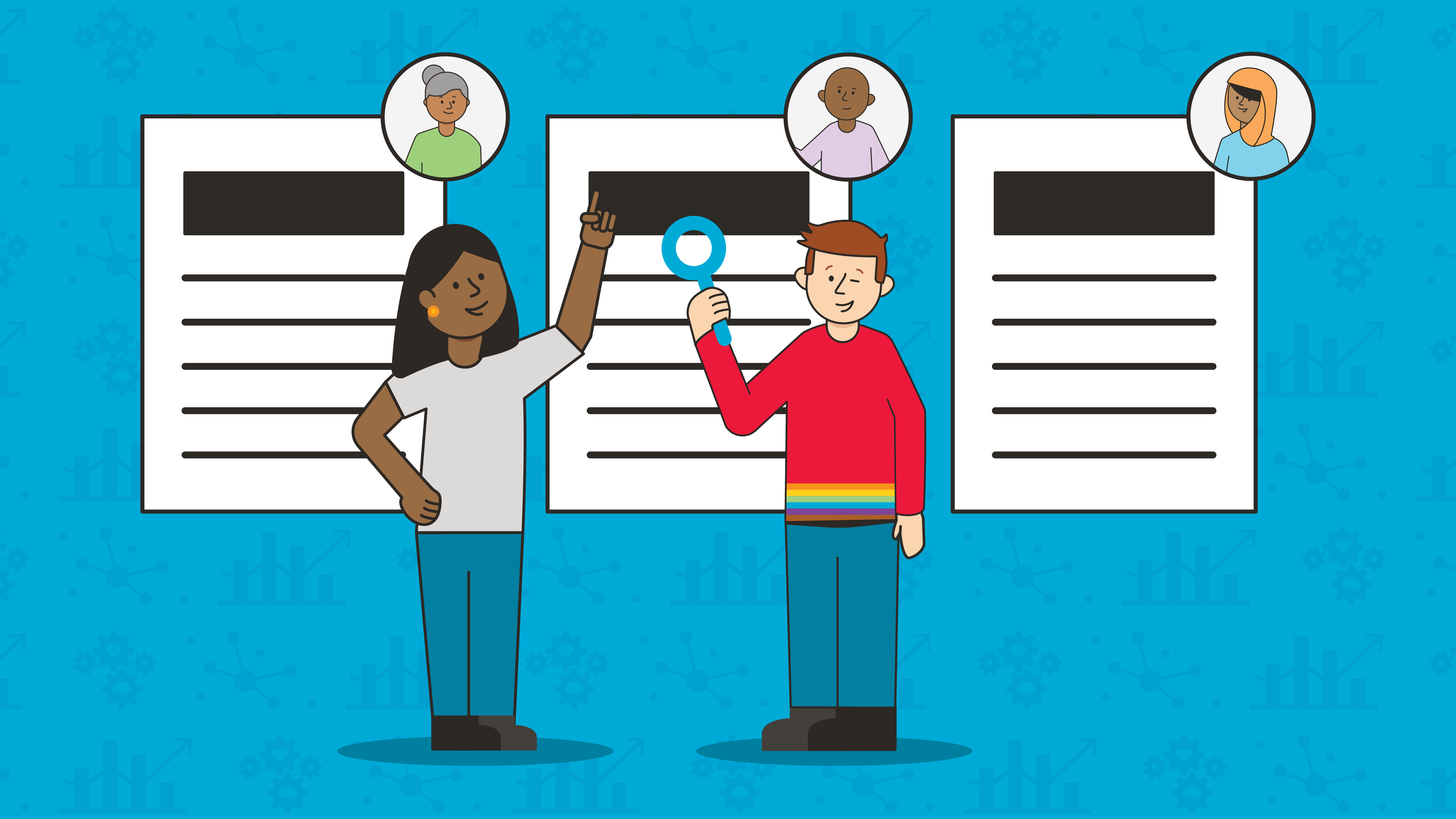 One white man with a rainbow shirt and red hair, and a black woman in a grey tshirt stand in front of a set of diverse resumes. Set in front of a blue background with icons representing the equity lens