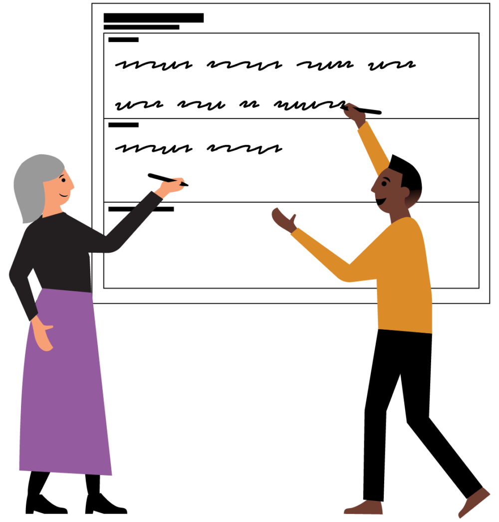 Two people stand in front of a large worksheet, both writing on it