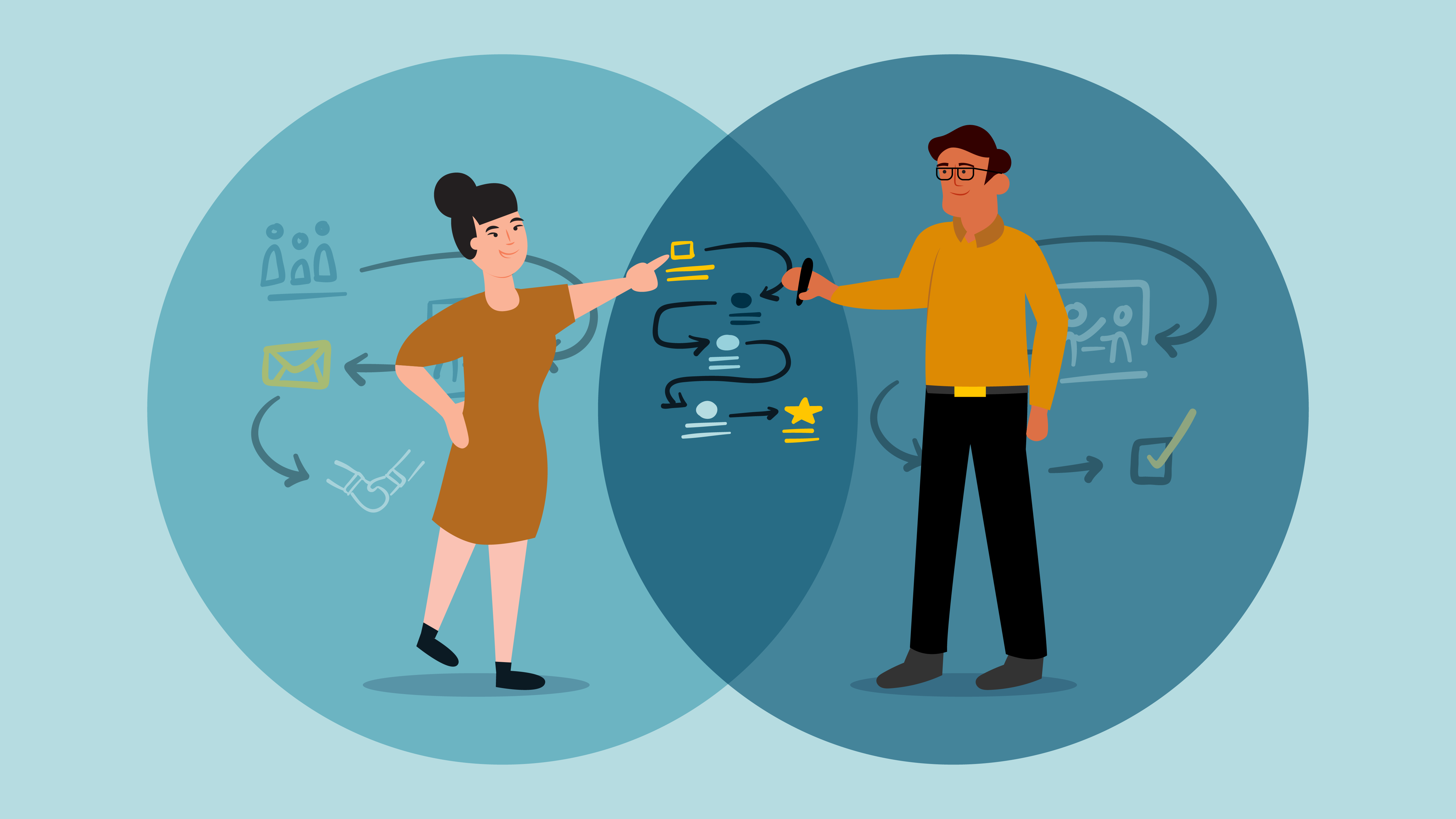 Header image features a blue Venn diagram with a man and a woman in front of doodles of systems, pointing at a shared visual system they’re drawing and discussing together. Against a light blue background.