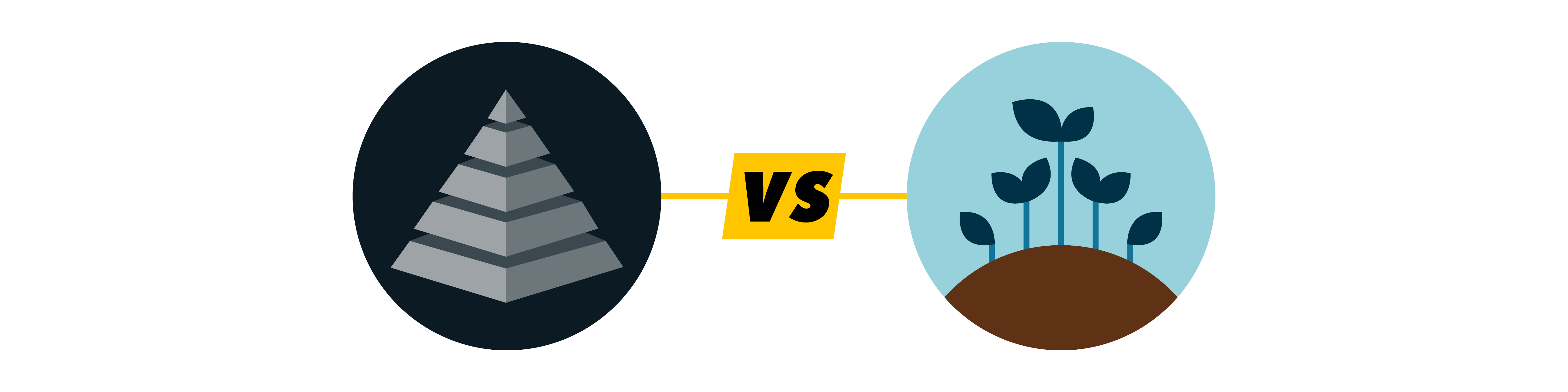 An icon of a grey pyramid in a black circle versus organic seedlings sprouting from the earth in a light blue circle