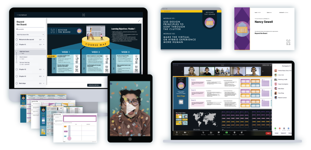 Desktop screen showing the Beyond the Board course map, an iPad with an image of instructor Nancy smiling and throwing confetti, laptop showing a MURAL board shared over a Zoom call, two worksheets, two MURAL templates, a workbook cover, and a certificate of completion.