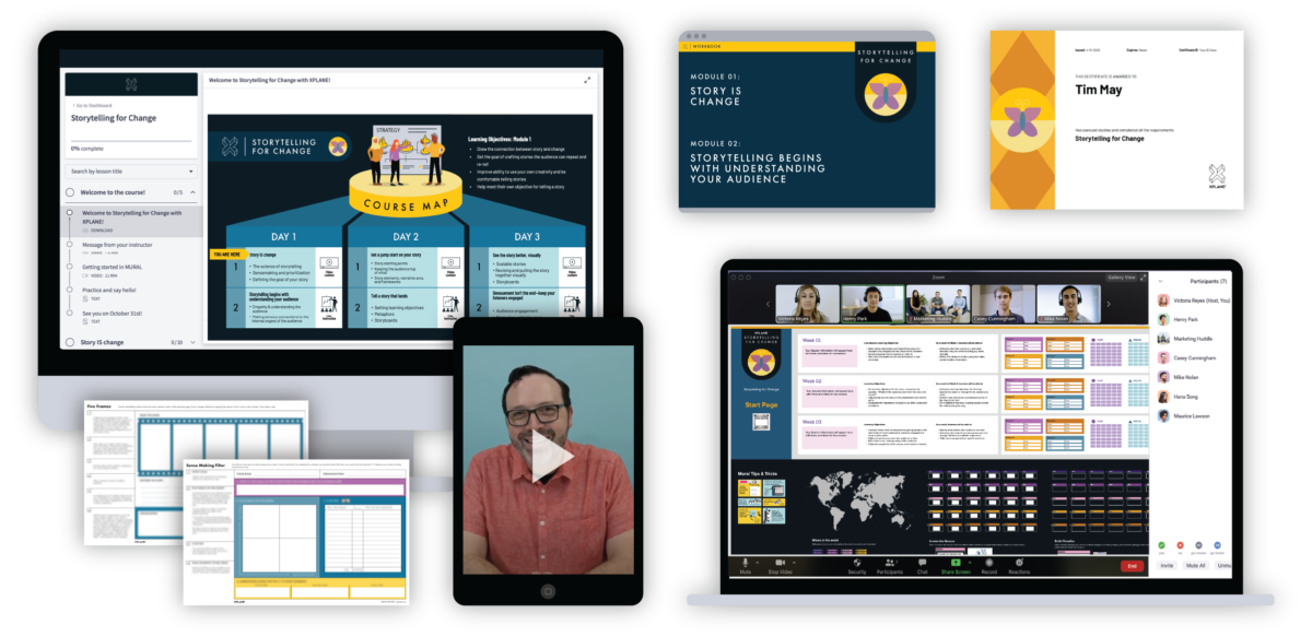 Desktop screen showing the Storytelling for Change course map, an iPad with an image of instructor Tim smiling, laptop showing a MURAL board shared over a Zoom call, two worksheets, a workbook, and a certificate of completion.