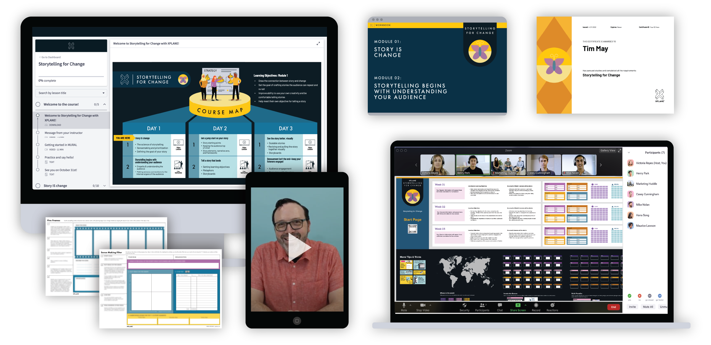 Desktop screen showing the Storytelling for Change course map, an iPad with an image of instructor Tim smiling, laptop showing a MURAL board shared over a Zoom call, two worksheets, a workbook, and a certificate of completion.