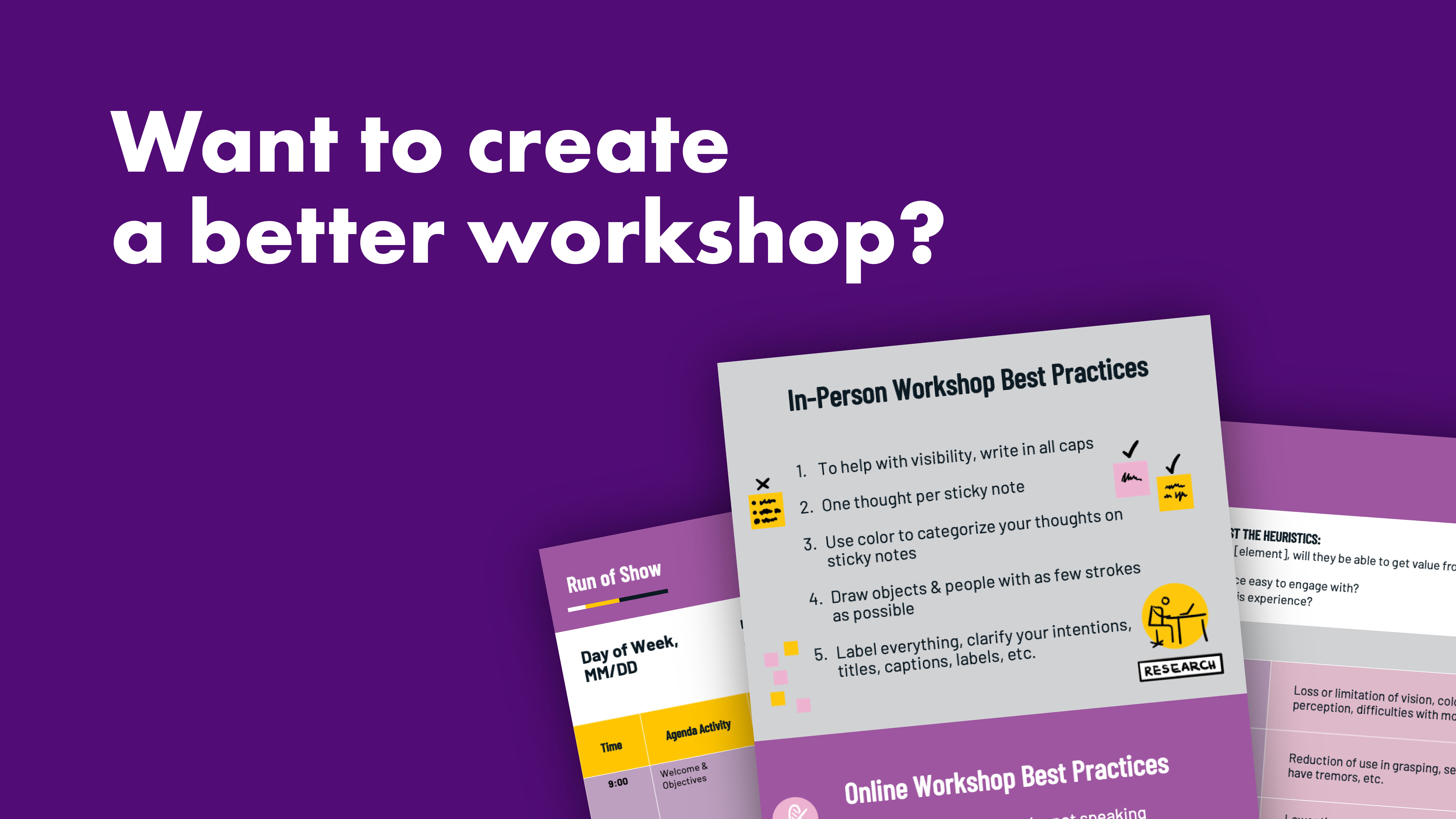 Text reading "Want to create a better workshop?" This is besides three sample slide templates available for download.