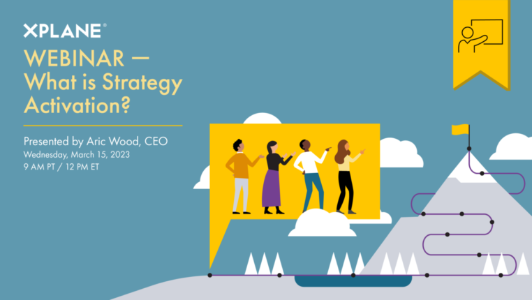 On the right, four individuals in a speech bubble pop up from the start of a trail at the base of a mountain. Ahead of them lies a trail with specific points marked all the way up to the top of the mountain, where a yellow flag awaits them. On the left text reads, “Webinar — What is Strategy Activation? Presented by Aric Wood. Wednesday, March 15 2023. 9am PT / 12pm ET.” A yellow tag with an icon of a person pointing at a board indicates that there is no recording of this webinar.