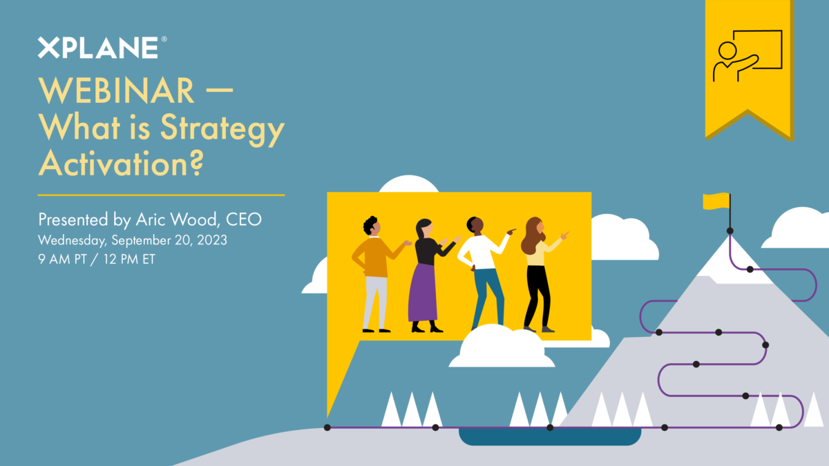 On the right, four individuals in a speech bubble pop up from the start of a trail at the base of a mountain. Ahead of them lies a trail with specific points marked all the way up to the top of the mountain, where a yellow flag awaits them. On the left text reads, “Webinar — What is Strategy Activation? Presented by Aric Wood. Wednesday, September 20 2023. 9am PT / 12pm ET.” A yellow tab with an icon of a person pointing to a whiteboard shows that this webinar has no recording.