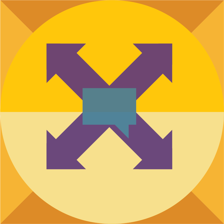 An icon of a blue speech bubble sits at the center of four purple arrows pointing in different directions on top of a half dark yellow and half light yellow icon.