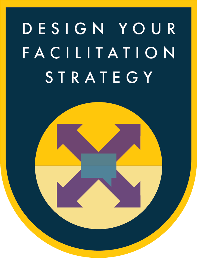 A dome shape with “Design Your Facilitation Strategy” in white text against a deep blue background. An icon of a blue speech bubble sits at the center of four purple arrows pointing in different directions on top of a half dark yellow and half light yellow icon beneath the text.