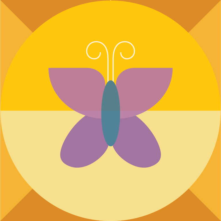 Icon of a purple and blue butterfly sits on top of a half dark yellow and half light yellow icon.