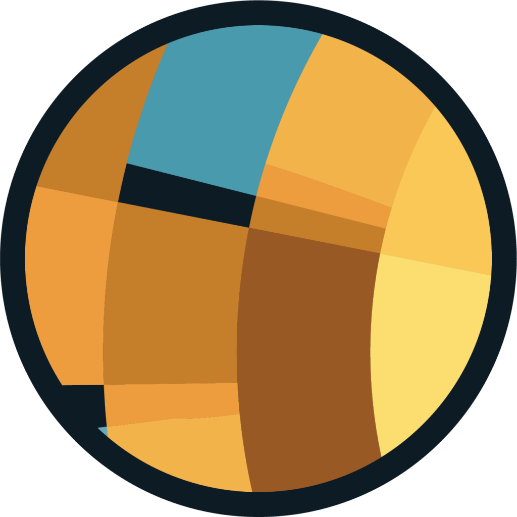 Circular crop of boxes in shades of browns, yellows, and blues