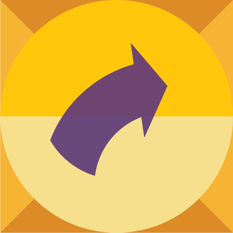 An icon of a purple arrow sits on top of a half dark yellow and half light yellow icon.