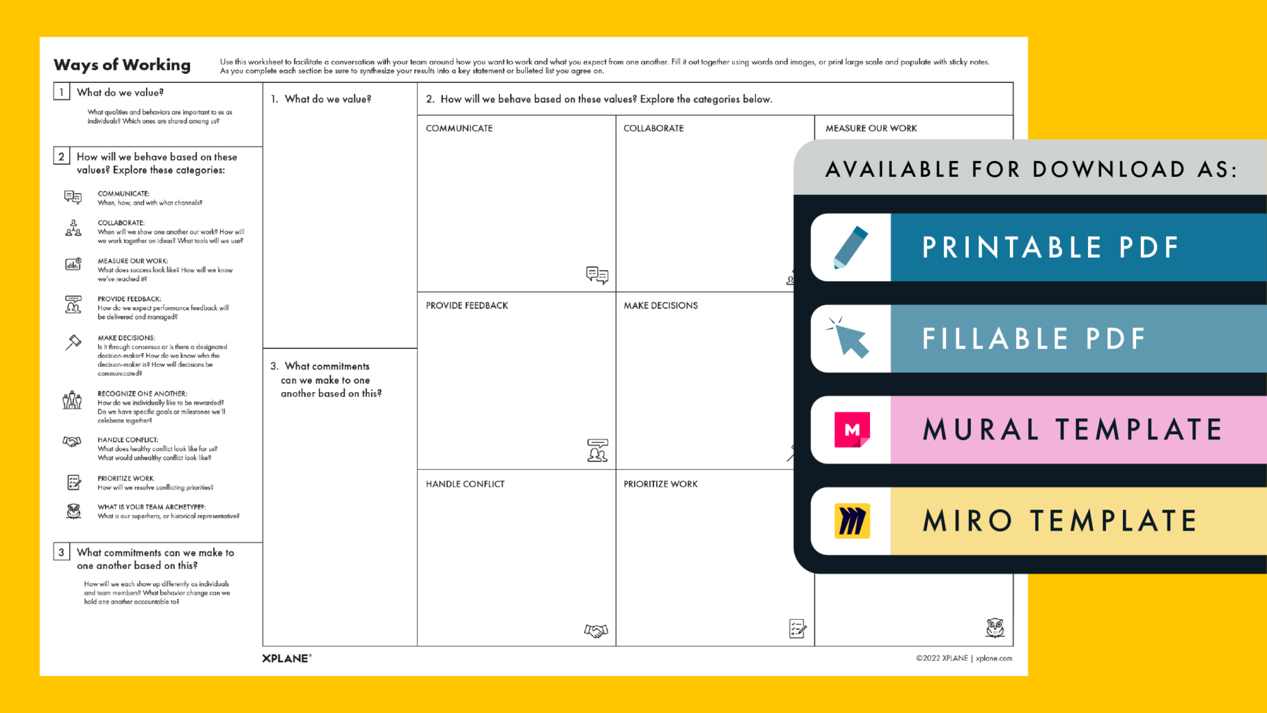 Ways of Working worksheet against a yellow background. Four tabs under the header "AVAILABLE FOR DOWNLOAD AS" indicate available file types available.