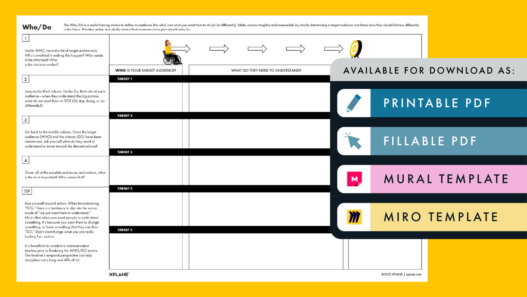 Who/Do worksheet against a yellow background. Four tabs under the header "AVAILABLE FOR DOWNLOAD AS" indicate available file types available.