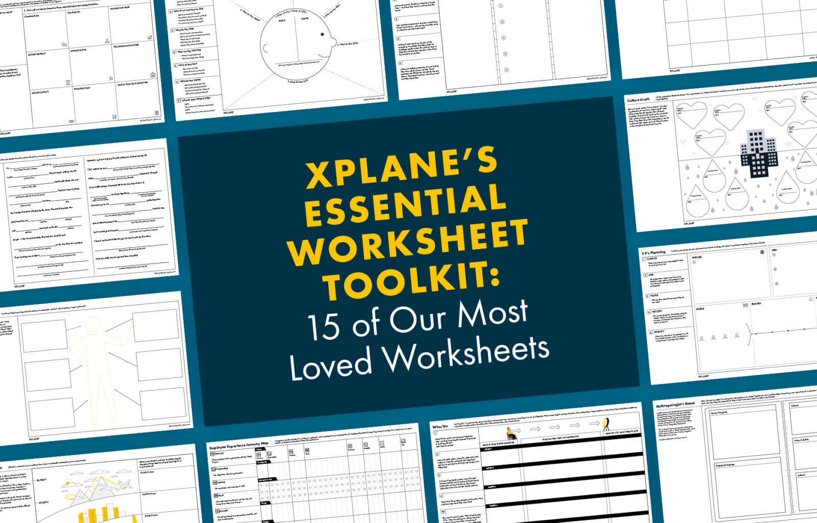 Tiled worksheets against a medium blue background. At the center is a dark blue square with text reading "XPLANE'S ESSENTIAL WORKSHEET TOOLKIT: 15 of Our Most Loved Worksheets".