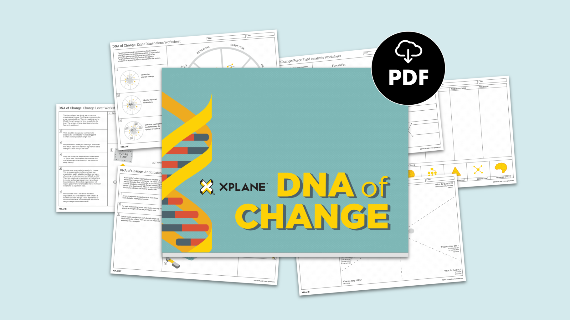 DNA of Change book sitting on top of several worksheets included in the book. A black circle with "PDF" at the center shows this is a downloadable eBook. Against a light blue background.