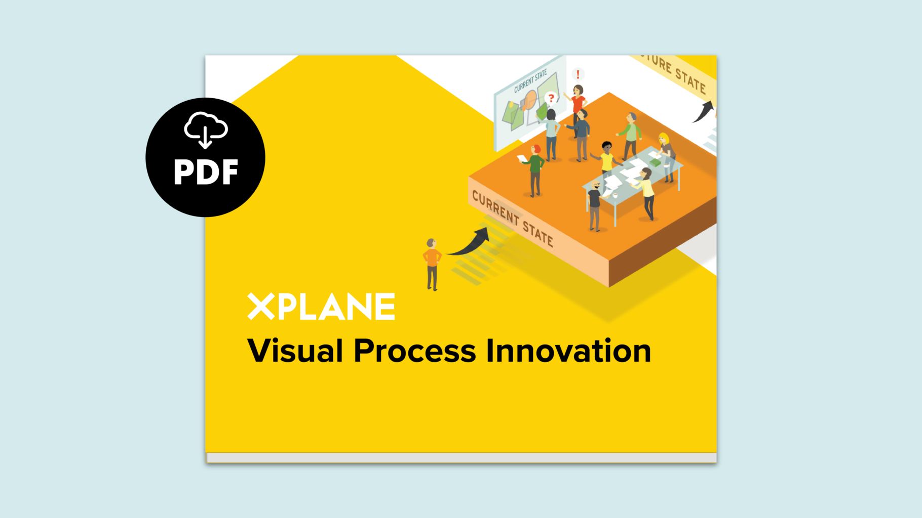 Image of Visual Process Innovation eBook. A black circle with "PDF" at the center shows this is a downloadable eBook. Against a light blue background.