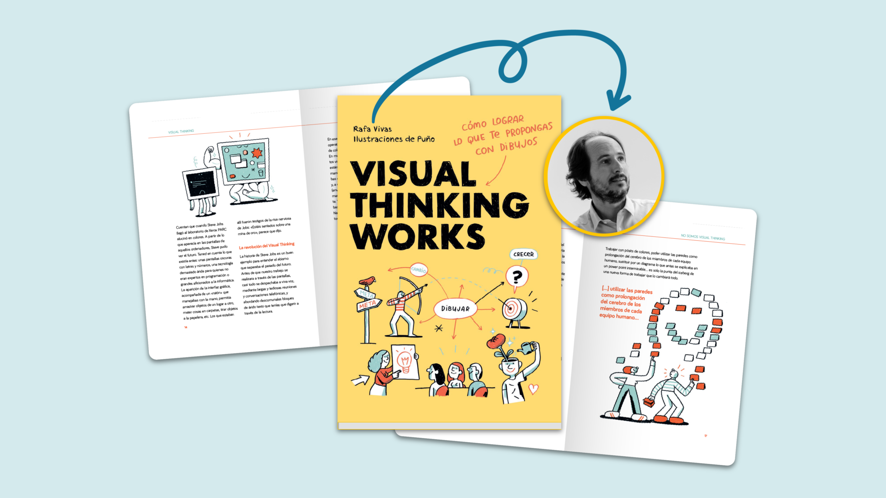 Visual Thinking Works sitting on top of two spreads from inside of the book. A blue arrow points to a headshot of author, Rafa Vivas. Against a light blue background.