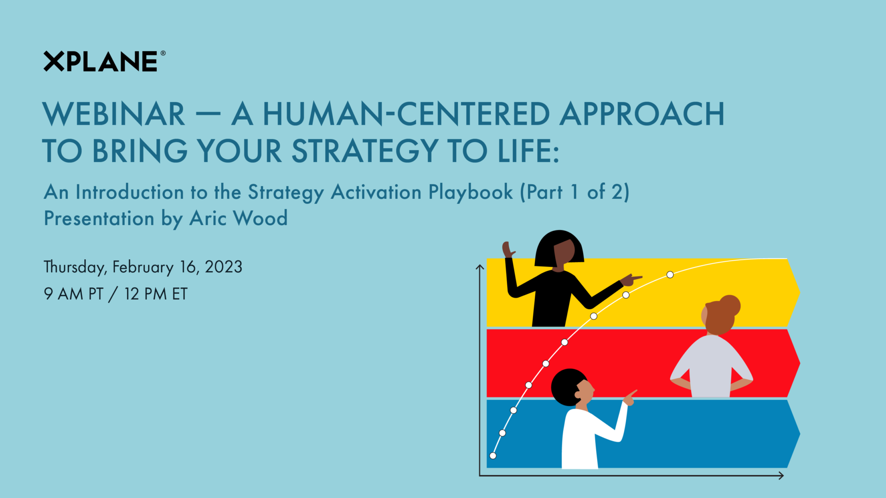 On the right, three individuals pop out of the three sections of the activation curve. On the left text read, “Webinar — A Human-Centered Approach to Bring Your Strategy to Life: An Introduction to the Strategy Activation Playbook (Part 1 of 2). Presentation by Aric Wood. Thursday, February 16 2023. 9am PT / 12pm ET.”