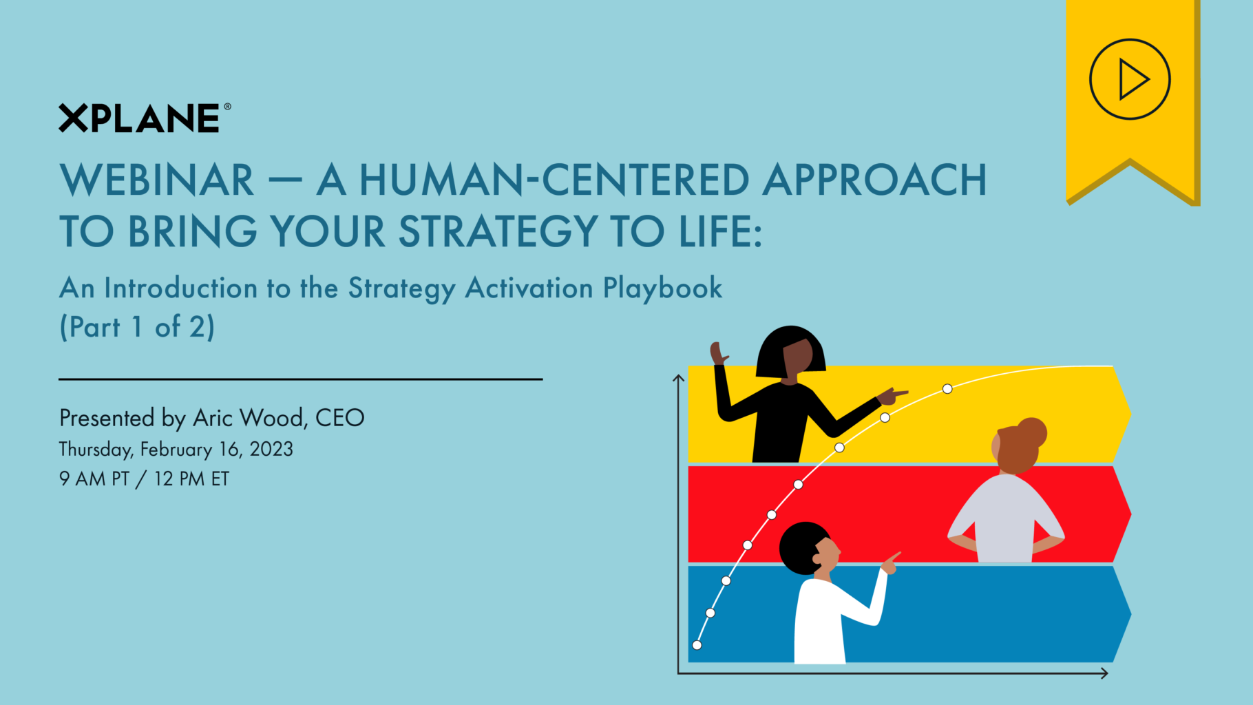On the right, three individuals pop out of the three sections of the activation curve. On the left text read, “Webinar — A Human-Centered Approach to Bring Your Strategy to Life: An Introduction to the Strategy Activation Playbook (Part 1 of 2). Presented by Aric Wood. Thursday, February 16 2023. 9am PT / 12pm ET.” A yellow tag with an icon of a play button indicates that there's a recording of this webinar available.