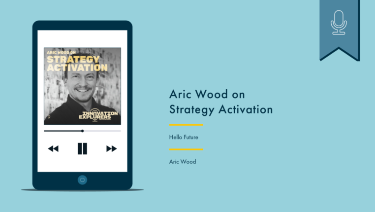 Phone with podcast artwork on the left. On the right reads "Aric Wood on Strategy Activation” Above is a blue flag with a white icon denoting that this is a podcast.