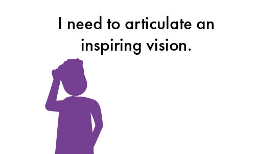 Purple figure scratching head stands in front of white speech bubble reading "I need to articulate an inspiring vision."