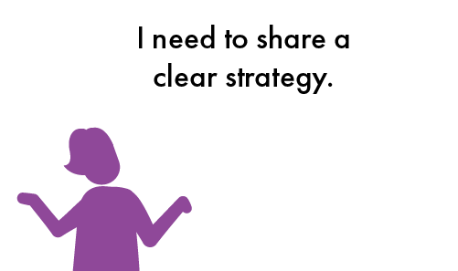 Purple figure with arms in questioning position stands in front of a white speech bubble reading "I need to share a clear strategy."