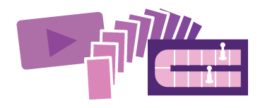 A set of purple icons including an animation, set of cards, and a gameboard.