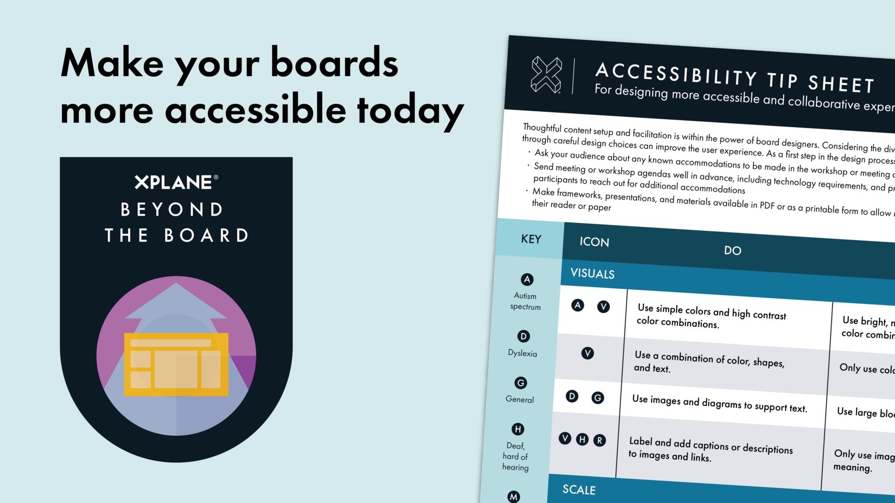 Image of the Beyond the Board course syllabus peeks from the right next to text reading "Make your boards more accessible today" above an image of the Beyond the Board course badge. Against a light blue background.