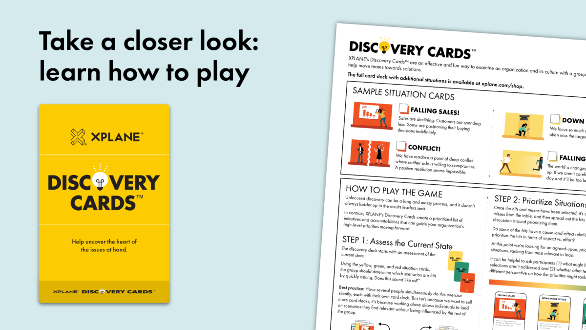 Image of the Discovery Cards free sampler peeks from the right next to text reading "Take a closer look: learn how to play" above an image of the Discovery Cards deck. Against a light blue background.