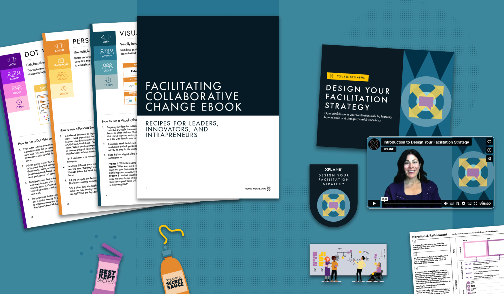 Array of Facilitating Collaborative Change eBook and Design Your Facilitation Strategy course content against a blue background.