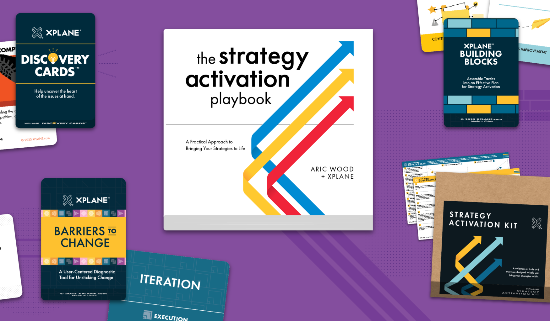 Array of Strategy Activation Kit, Strategy Activation Playbook, Discovery Cards, Barrier to Change cards, and Building Blocks cards against a purple background.